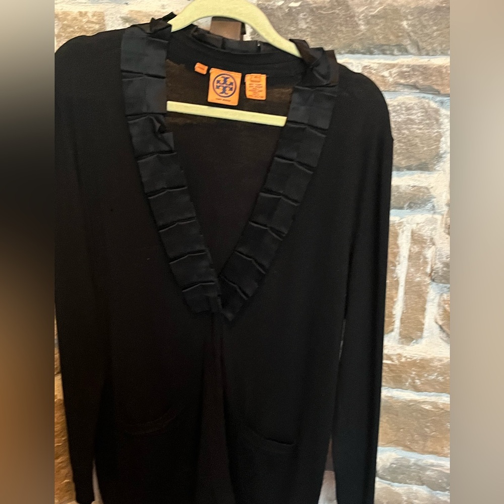 Tory Burch Black Ruffle Satin collar Cardigan size XL PROJECT PIECE